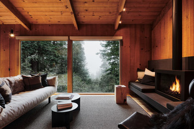 Kleines Uriges Wohnzimmer im Loft-Stil mit braunem Holzboden, Kaminumrandung aus Stein, brauner Wandfarbe, Kaminofen und Holzwänden in San Francisco