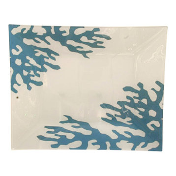 Coral Design Glass Platter Aqua/White, Large