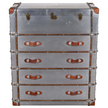 Pilot 4 Drawer Chest with Silver Aluminum Cladding and Leather Accents