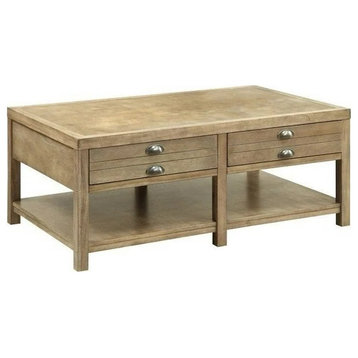 Rustic Coffee Table, Lower Open Shelf With 2 Spacious Drawers, Light Oak Finish