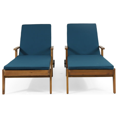 Lucknow Outdoor Acacia Wood Chaise Lounge with Water Resistant Cushion, Set of 2, Blue + Teak