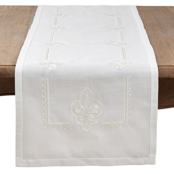 Embroidered Runner With Fleur-de-Lis Design, Ivory