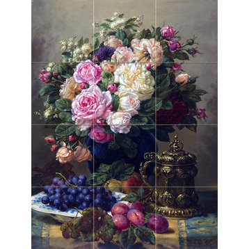 Tile Mural Still Life Bouquet Of Flowers Rose Grapes And Plums, Glossy