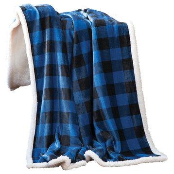 Blue Lumberjack Buffalo Plaid Sherpa Fleece Throw Blanket, 54"x68"