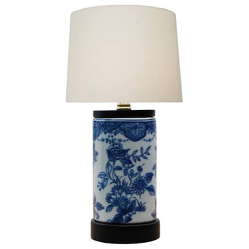 Blue and White Floral Bird Lamp, 15"