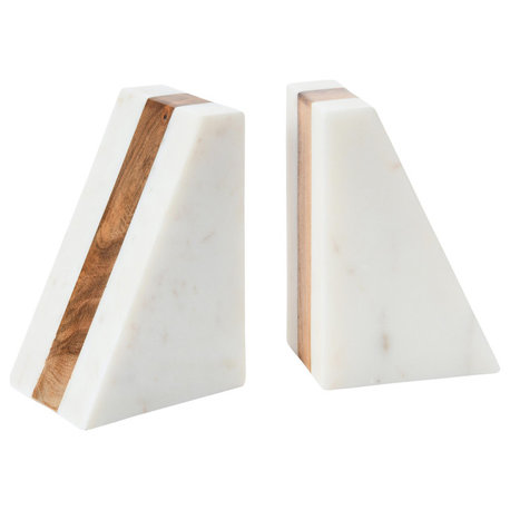 Marble Geometric Bookends with Wood Inlay, White