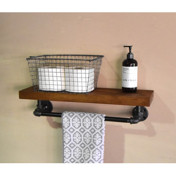 Yellowstone Industrial Towel Bar With Rustic Wood Shelf - Farmhouse Shelf, 24"wx