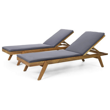 Set of 2 Patio Chaise Lounge, Teak Finished Acacia Frame With Dark Gray Cushion
