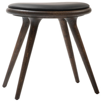 Mater Dining Stool, Gray Stained Oak, Black Leather Seat