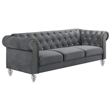 Chesterfield Sofa, Velvet Seat With Crystal Button Tufted Back & Nailhead, Gray