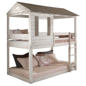 Benzara BM235364 Wooden Twin Bunk Bed With House Design, White and Brown