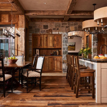 Antique Skip Oak Flooring and Hand Hewn Timbers in Rustic Farmhouse Kitchen