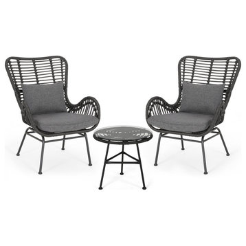 Naomi Outdoor 3-Piece Wicker Chat Set With Cushions, Gray/Black/Dark Gray