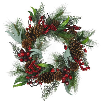 Kurt Adler Un-Lit Wreath with Red Berries, Leaves and Pinecones, 20"