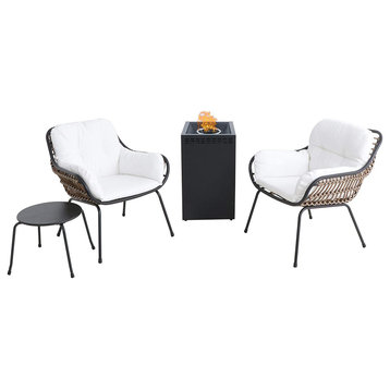 3 Pieces Patio Bistro Set, White Padded Chairs With Column Fire Pit & Side Table