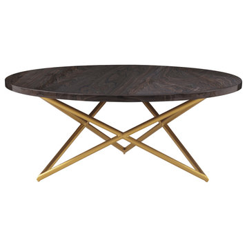 43" Brown And Gold Genuine Marble Round Coffee Table