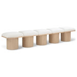 Meridian Furniture - Pavilion Black Boucle Fabric Bench, Cream, Natural Finish, 90" W X 15.5" D X 17.5" H - Bring valuable seating and remarkable style to your space with this cream Pavilion boucle fabric bench, an exquisite balance of style and usability for the entryway, bedroom, and beyond. Crafted from oak veneer with a natural finish, this bench has a 4-inch-thick seat cushion that's channel-tufted for a touch of luxury. The bench's columnar bases add a dash of art deco design, making it a captivating focal point in any room.