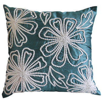 Blue Pompom Lace Flower 26"x26" Silk Euro Sham Covers, Snowy Blooms