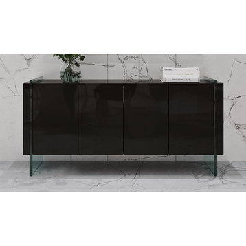 Modern Art Buffet Black Lacquer Cabinets Tempered Glass Base