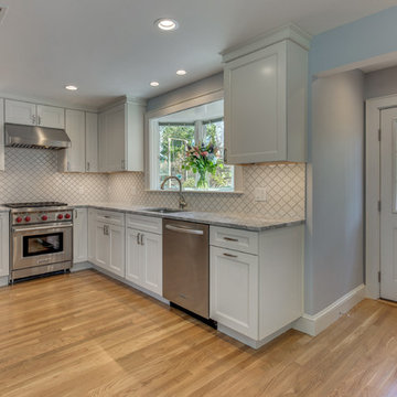 Super White Quartzite Transitional Kitchen in Belmont, MA