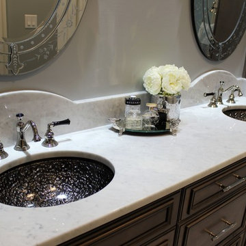 Gray Master Bathroom Vanity Cabinets with White Carrera Marble Countertop