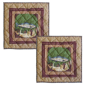Hand Quilted Cotton Patchwork Toss Pillow, Gone Fishing, Set Of 2