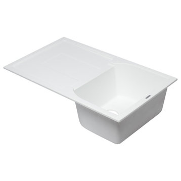 White 34" Single Bowl Granite Composite Kitchen Sink with Drainboard
