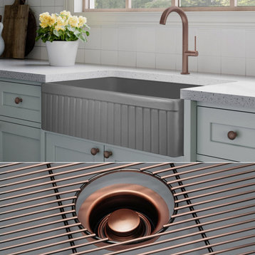 Fossil Blu 33" SOLID Fireclay Farmhouse Sink, Matte Gray, with Accs, Fluted