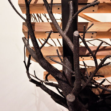 Rustic Metal Railing, Floating Staircase with Tree