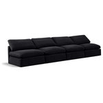 Meridian Furniture - Indulge Upholstered Modular Sofa, Black, 4-Piece: 4 Armless Chair, Down Stuffed Velvet - Experience ultimate comfort and style with our black velvet Indulge Sofa. The luxurious velvet will elevate the aesthetic of any room. This sofa provides ample space for you to relax while its modular build offers the option of unlimited configurations. Whether you're looking to add a stylish element to your living room or a comfortable seating option to your bedroom, this sofa is the perfect choice.