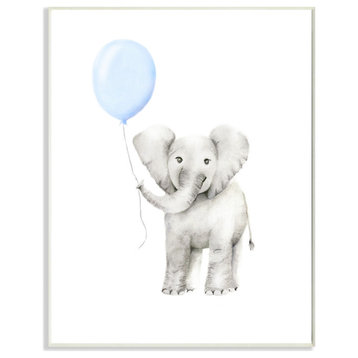 Stupell Industries Baby Elephant With Blue Balloon Watercolor, 13"x19", Wood