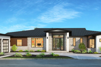 Inspiration for a contemporary one-story mixed siding house exterior remodel in Austin with a metal roof