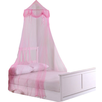 Buttons and Bows Collapsible Hoop Sheer Bed Canopy, Pink