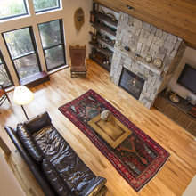 stone fireplace, built ins on sides