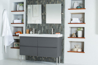 Alcove shower - large contemporary gray tile and slate tile porcelain tile and white floor alcove shower idea in Ottawa with flat-panel cabinets, gray cabinets, white walls, an undermount sink and a hinged shower door