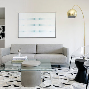 Immagine di un piccolo soggiorno minimalista stile loft con pareti grigie, pavimento in cemento, nessun camino, TV a parete e pavimento grigio