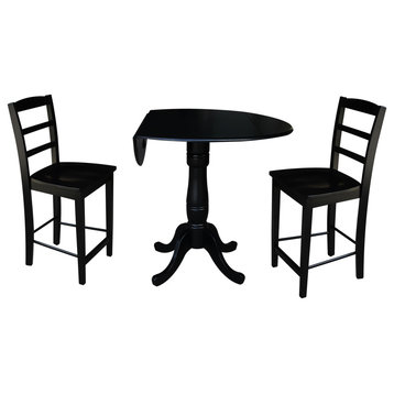 42" Round Pedestal Gathering Height Table with 2 Counter Height Stools, Black