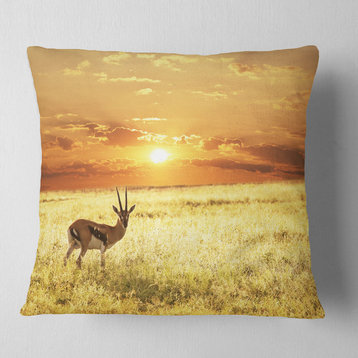 Solitary Antelope in Grassland African Landscape Printed Throw Pillow, 18"x18"