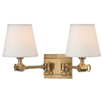 Hillsdale, Two Light Swivel Wall Sconce, Aged Brass Finish White Linen Shade