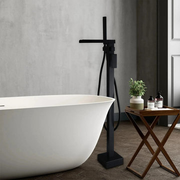 Modern Waterfall Floor Mounted 1-Handle Bathroom Tub Filler Faucet with Handheld