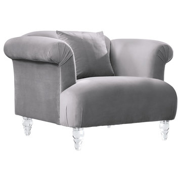 Elegance Contemporary Sofa Chair, Gray Velvet With Acrylic Legs