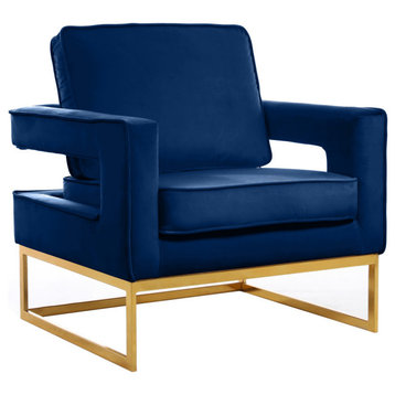 Noah Velvet Upholstered Accent Chair, Navy, Gold Base