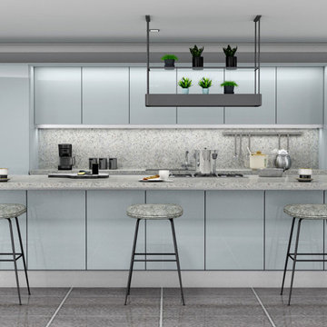 Handleless Kitchen in Light grey gloss LED Lights supplied by Inspired Elements