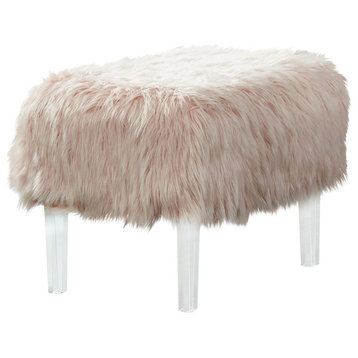 Contemporary Ottoman, Elegant Design With Acrylic Legs & Faux Fur Seat, Pink