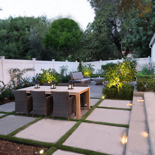 Inspiration for a mid-sized traditional backyard patio in Los Angeles with a fire feature, gravel and no cover.