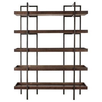 Bookcase With 5 Fixed Wooden Shelves And Metal Frame, Brown And Black
