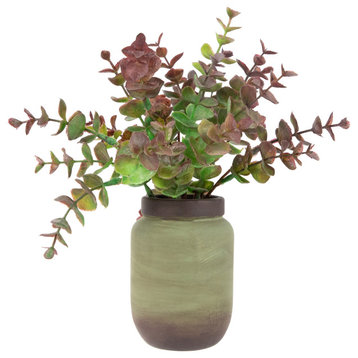 10" Two-Toned Spring Eucalyptus Leaves Artificial Plant, Ceramic Pot