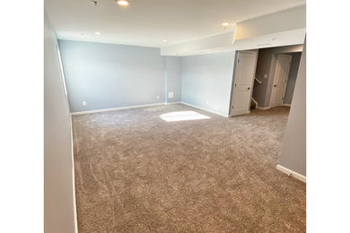 Basement - mid-sized underground carpeted and beige floor basement idea in Baltimore with gray walls
