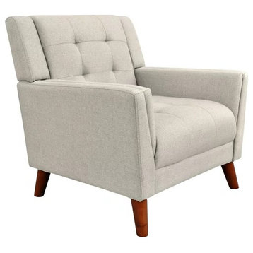 Midcentury Accent Chair, Splayed Legs and Square Tufted Polyester Seat, Beige