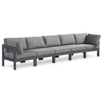 Meridian Furniture - Nizuc Water Resistant Patio Modular Straight Sofa, Gray, 5-Piece: 3 Armless Chair, 2 Corner Chair, Dark Gray Aluminum Frame - Pick and choose your favorites from the Nizuc collection to create a modular seating group the whole gang will enjoy. The sturdy aluminum frame provides dependable support for friends and family as they relax and unwind, and the resilient grey water resistant fabric stands up to the elements without losing its beautiful demeanor, so you can count on it lasting for the long haul. Latches beneath these seating pieces help you easily attach them to one another for convenient setup.